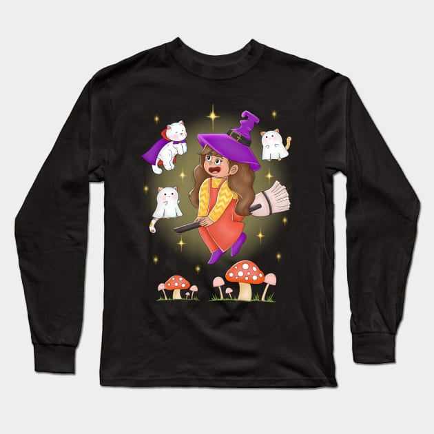 Cute Girl Flying With Cat Dracula And Ghosts Long Sleeve T-Shirt by Athikan